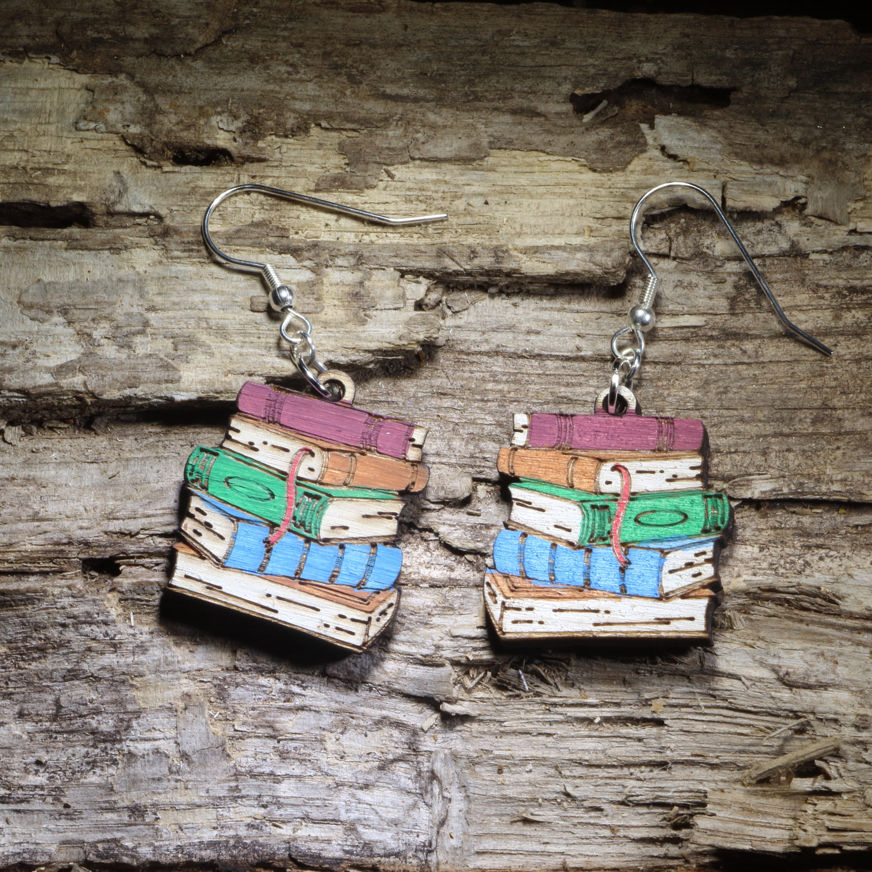 Stacked Books Wooden Dangle Earrings | Teacher & Book Lover Jewelry