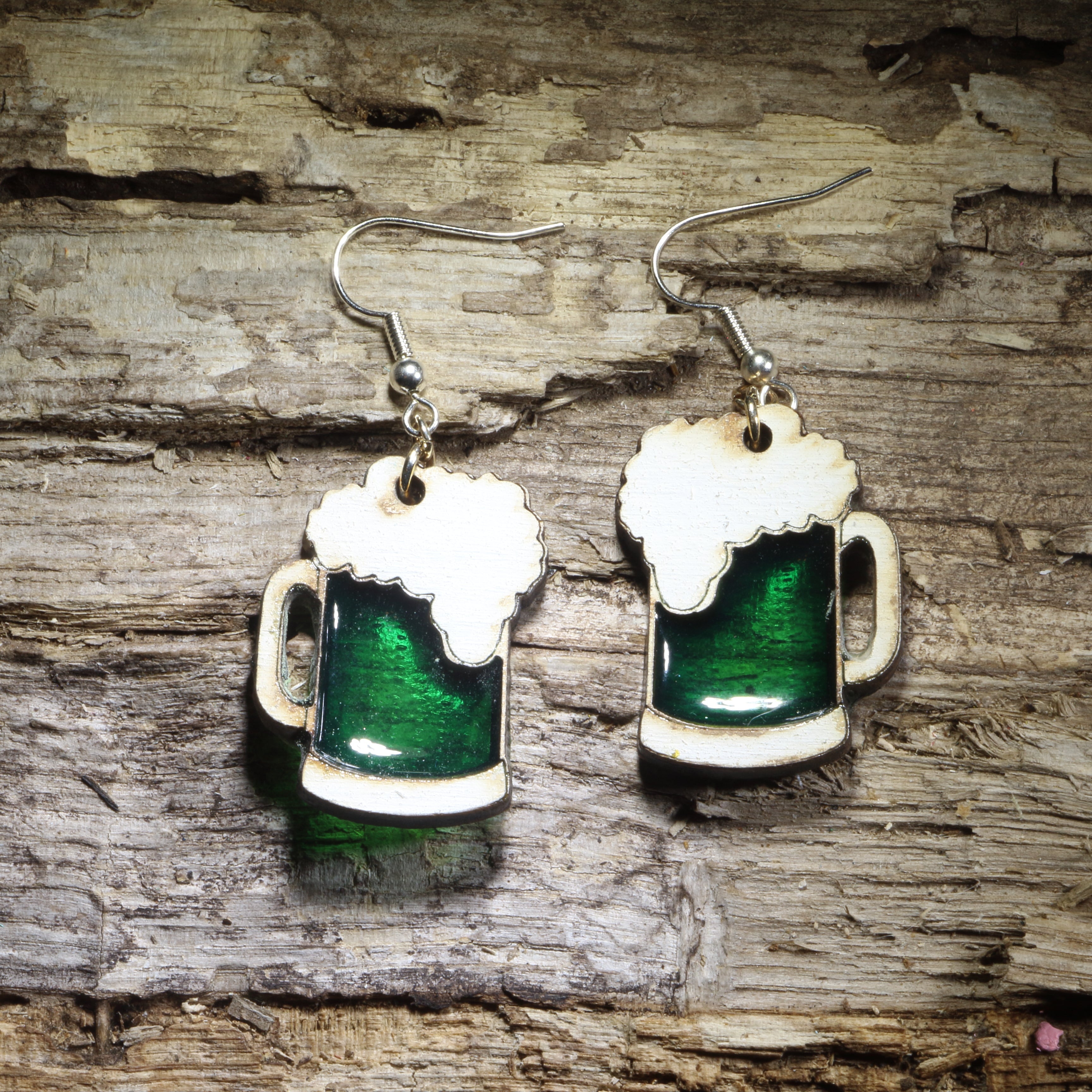 Green Beer Mug Wooden Dangle Earrings | St Patrick’s Day Jewelry