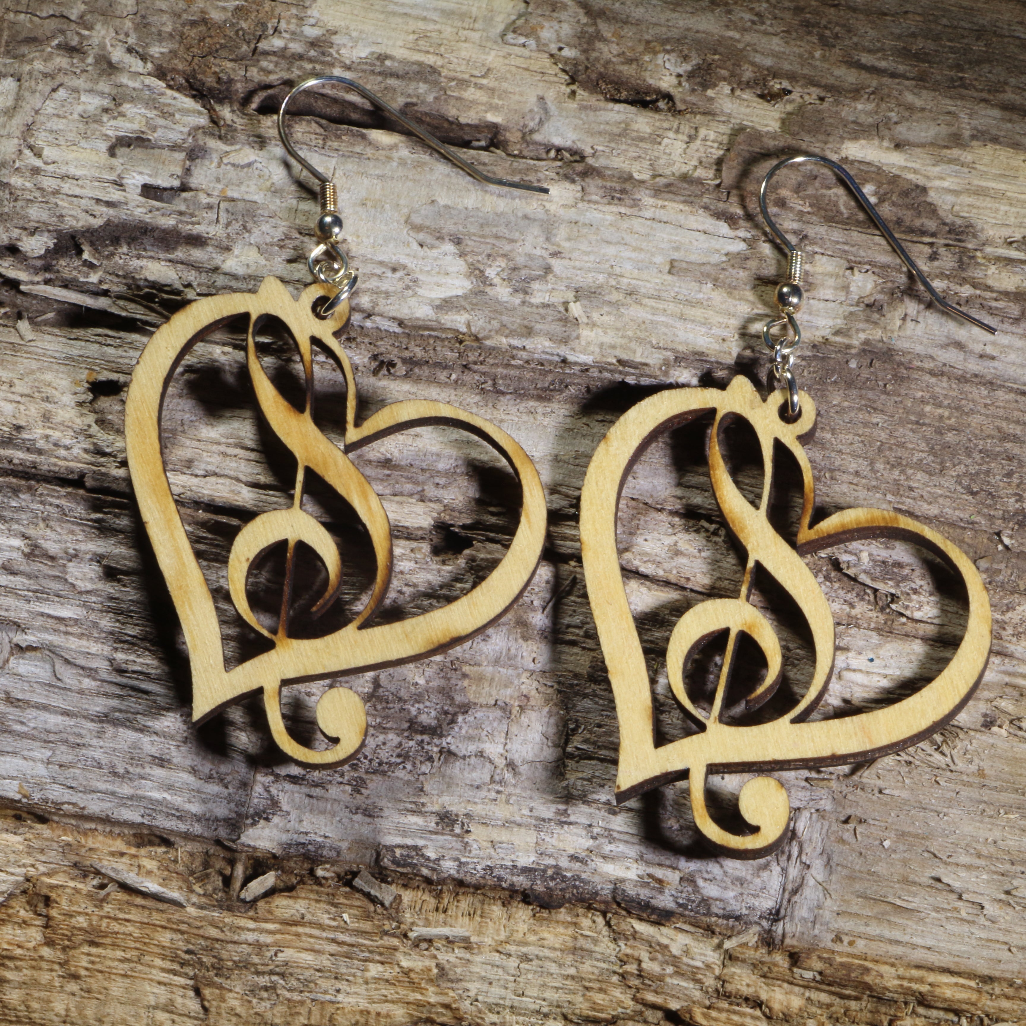 Treble Clef Heart Wooden Dangle Earrings | Music Lover Jewelry