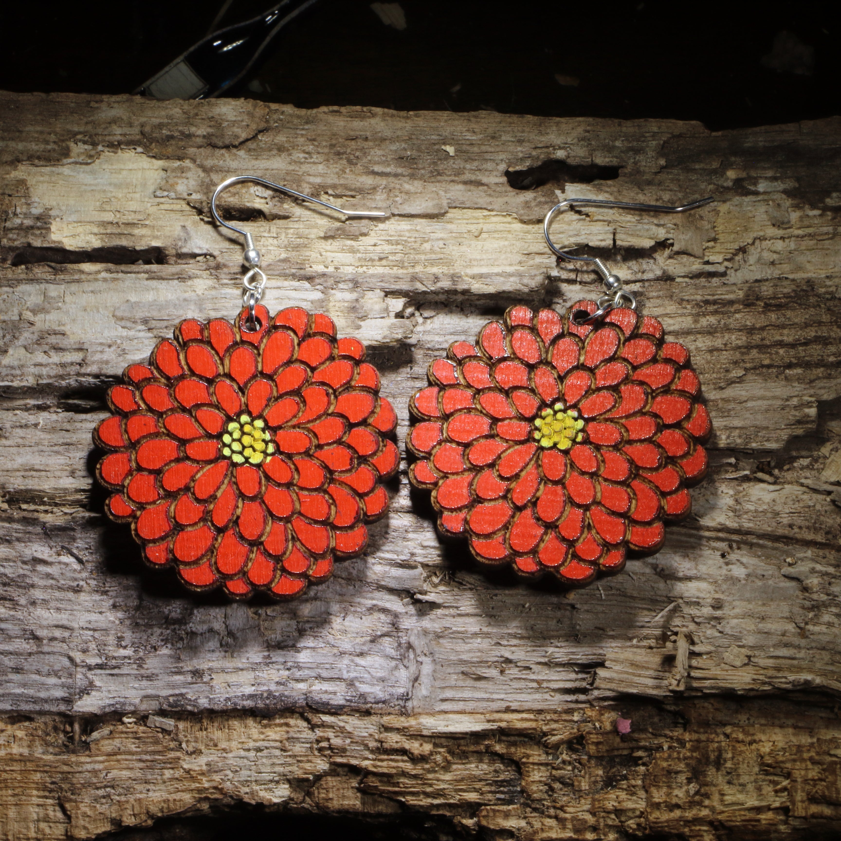 Zinnia Flower Wooden Earrings | Floral Garden Jewelry by Cate's Concepts, LLC
