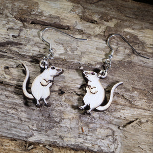 White Rat Wooden Dangle Earrings | Pet Rodent Animal Jewelry by Cate's Concepts, LLC