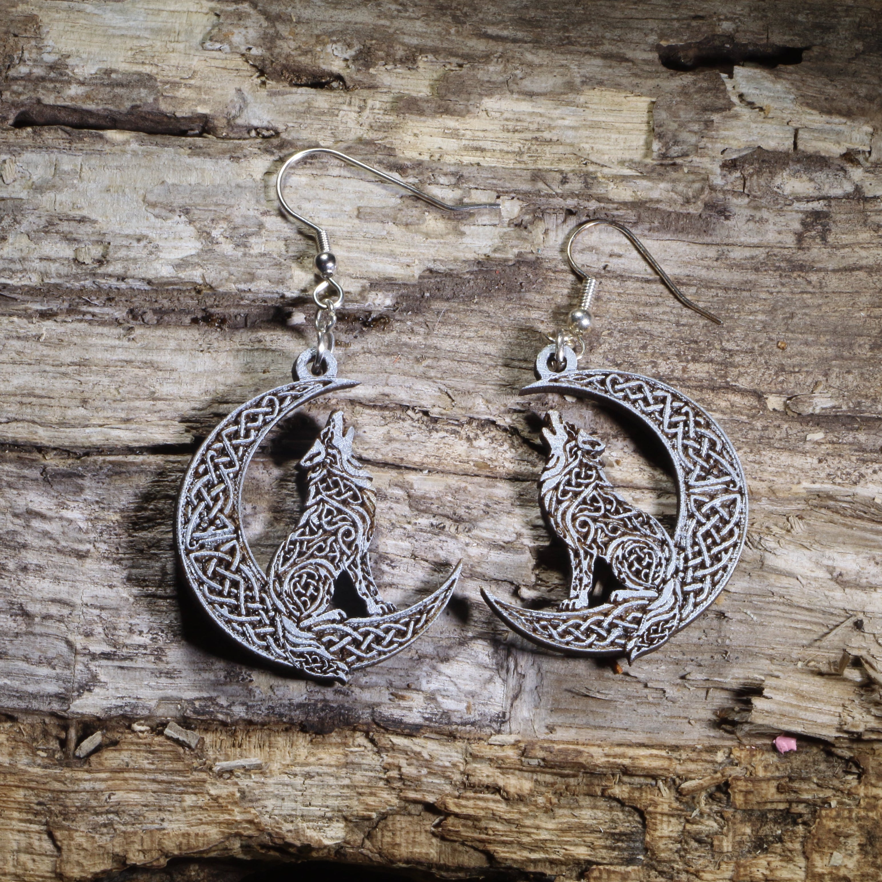 Celtic Wolf Moon Wooden Dangle Earrings | Norse Mythology Jewelry