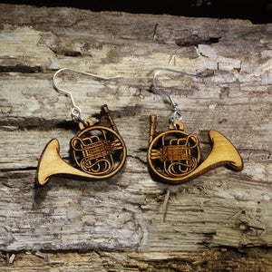 French Horn Wooden Dangle Earrings | Band Instrument Jewelry