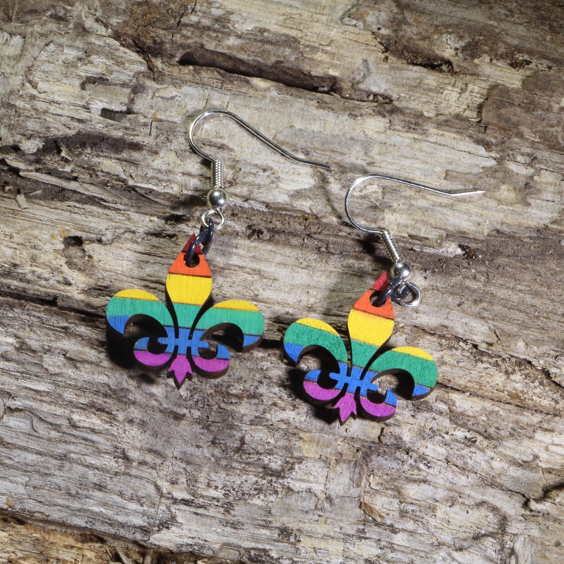 LGBTQ+ Pride Fleur-de-lis Wooden Dangle Earrings | New Orleans Pride Jewelry