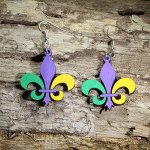 Mardi Gras Fleur-de-lis Wooden Dangle Earrings | New Orleans Jewelry
