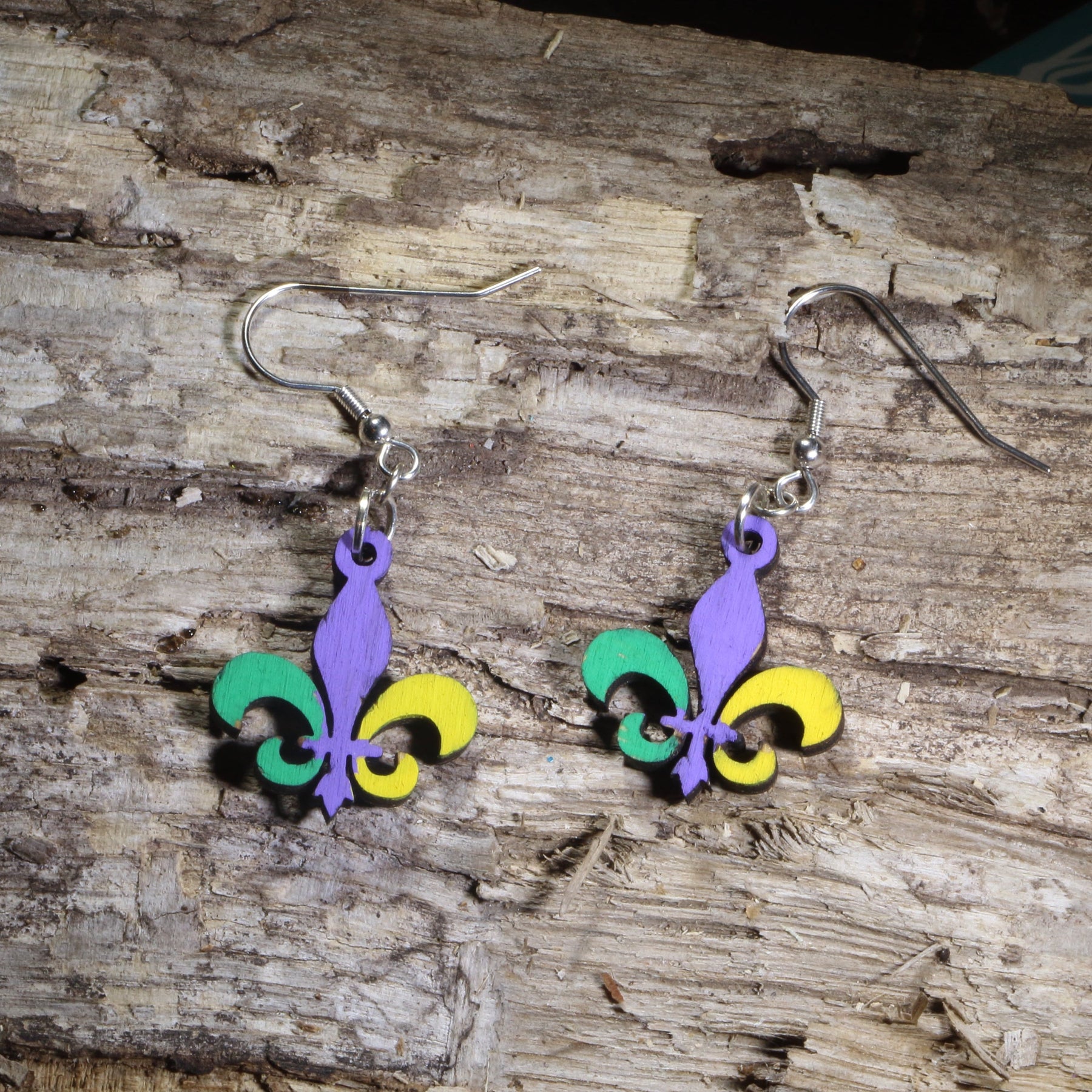 Large Mardi Gras Fleur-de-lis Wooden Dangle Earrings | New Orleans Jewelry