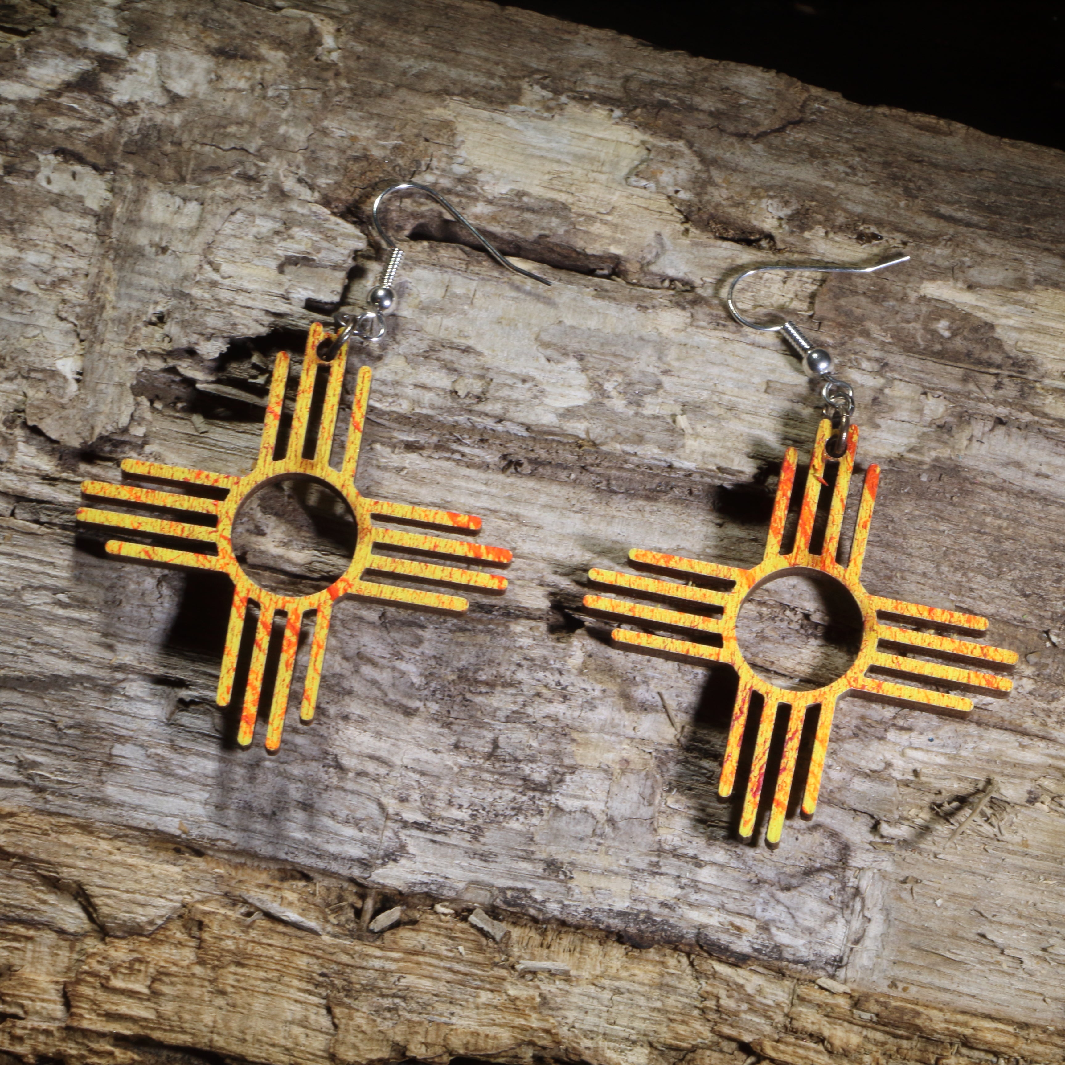 Zia Sun Symbol Wooden Dangle Earrings | New Mexico Jewelry