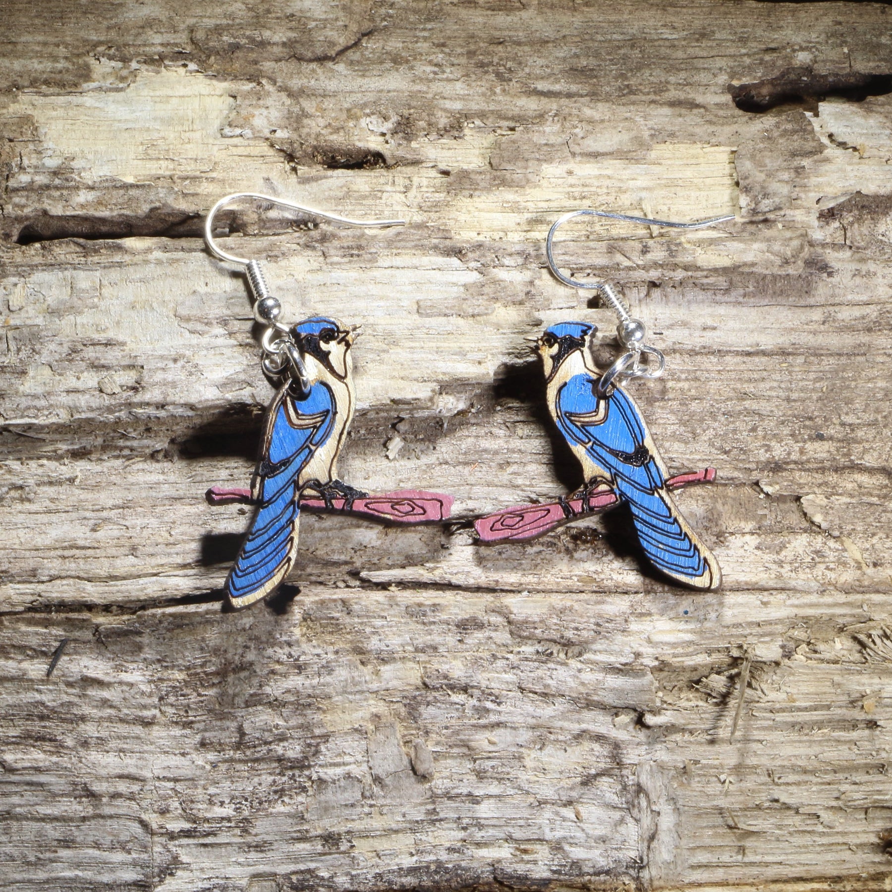 Blue Jay Wooden Dangle Earrings | Realistic Bird Jewelry