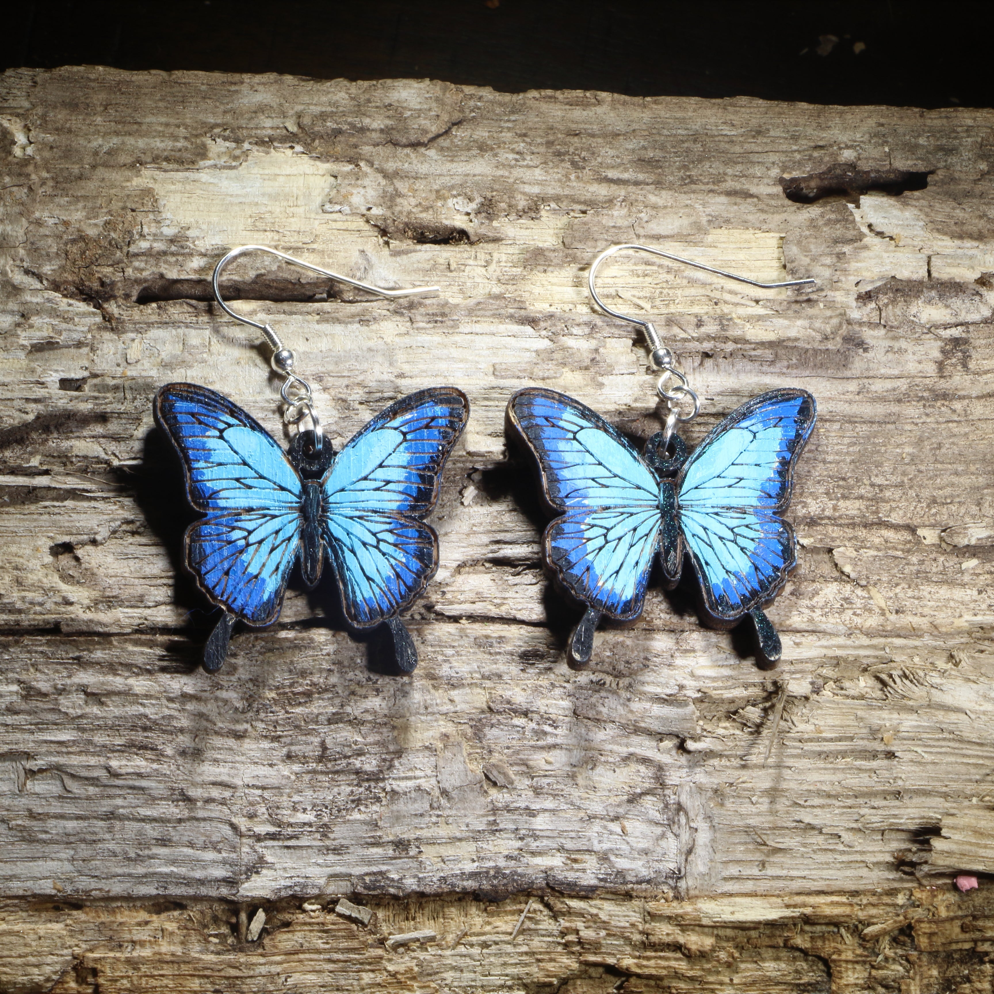 Blue Morpho Butterfly Wooden Earrings | Tropical Insect Jewelry