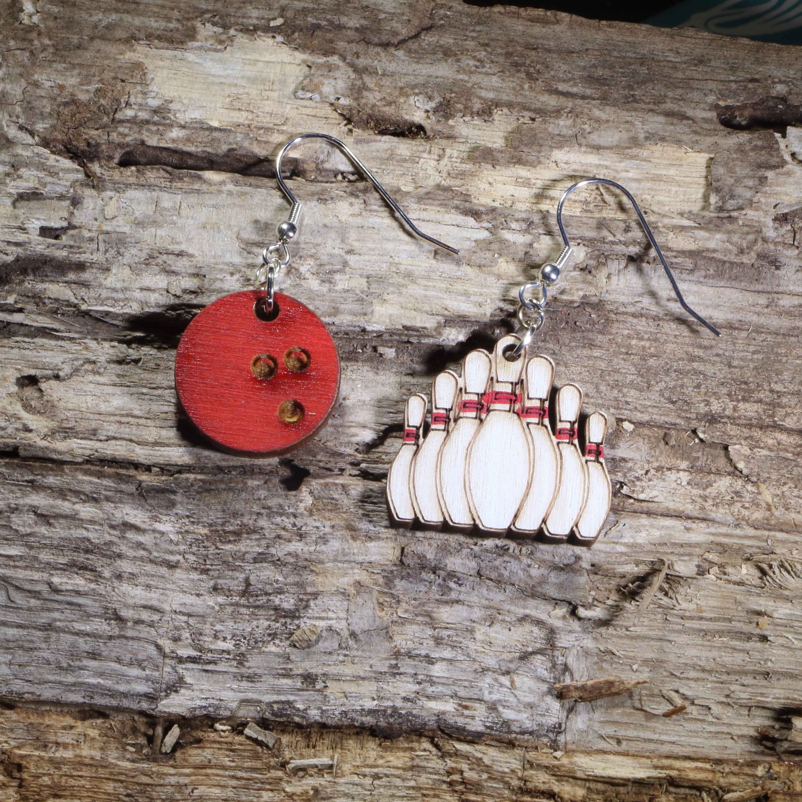 Bowling Ball and Pin Wooden Dangle Earrings | Bowling Jewelry