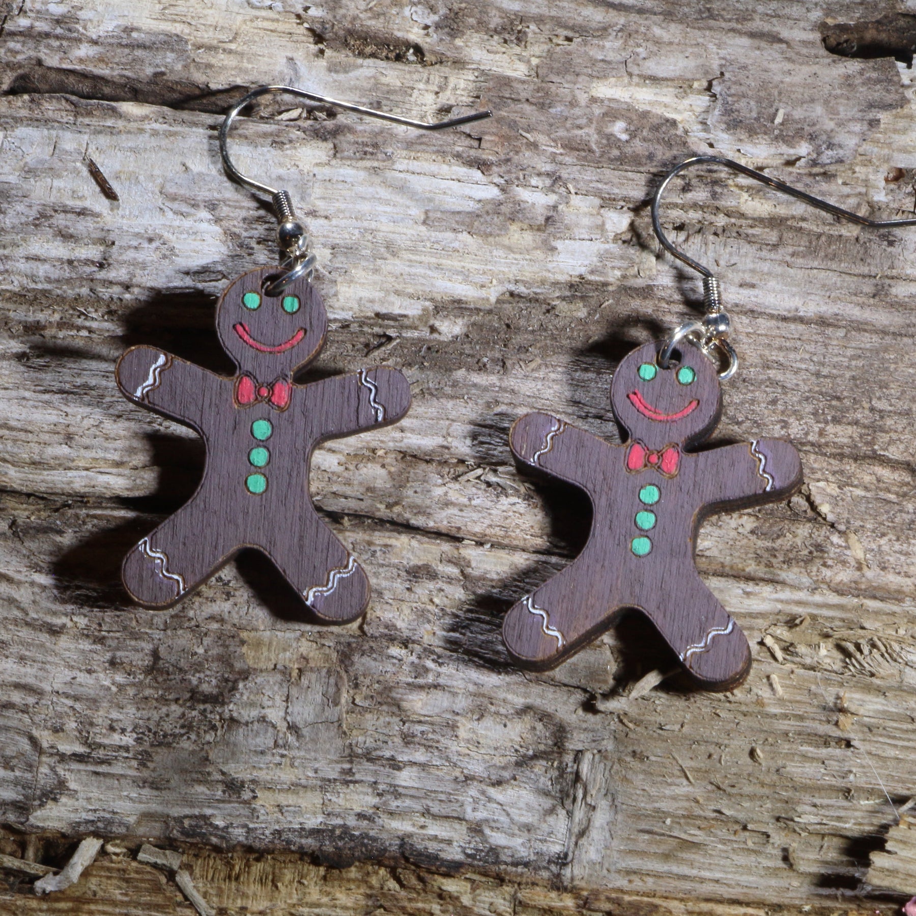Chocolate Gingerbread Man Wooden Dangle Earrings | Christmas Holiday Jewelry