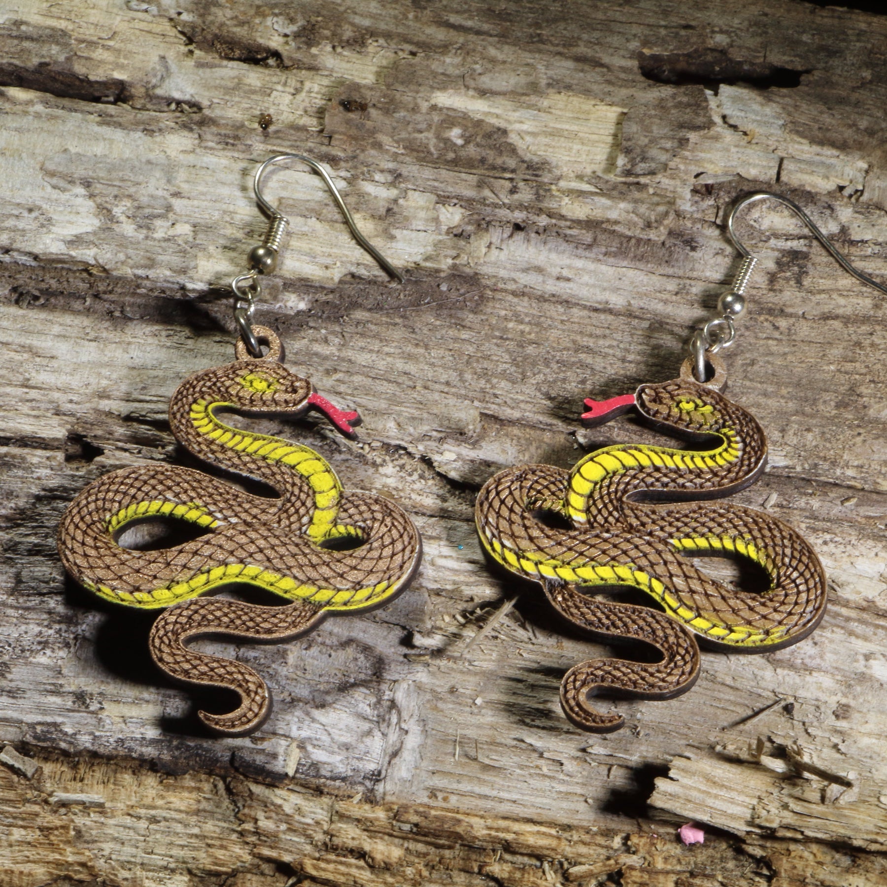 Green Snake Wooden Dangle Earrings | Reptile Nature Jewelry