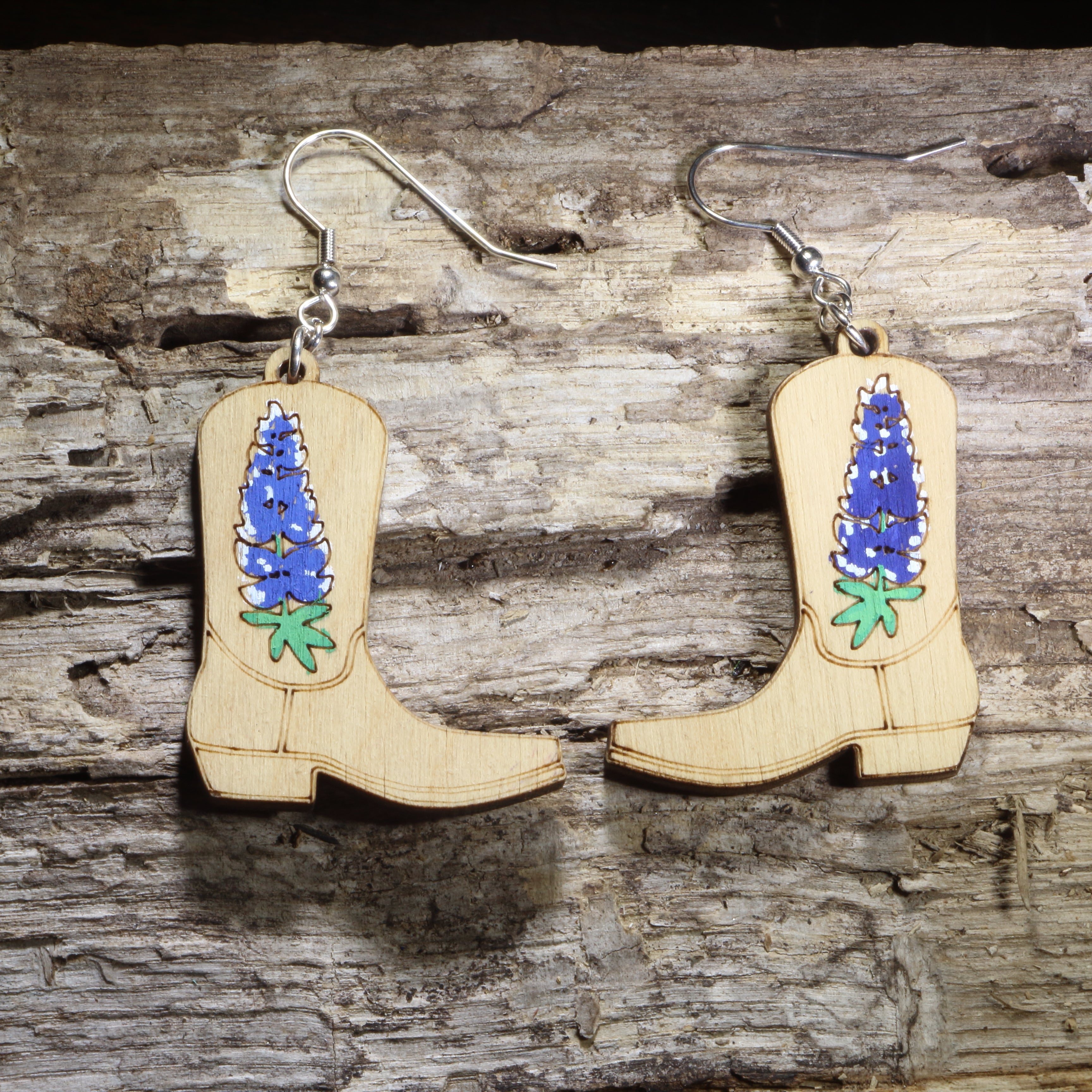 Bluebonnet Cowboy Boot Wooden Earrings | Texas Wildflower Jewelry