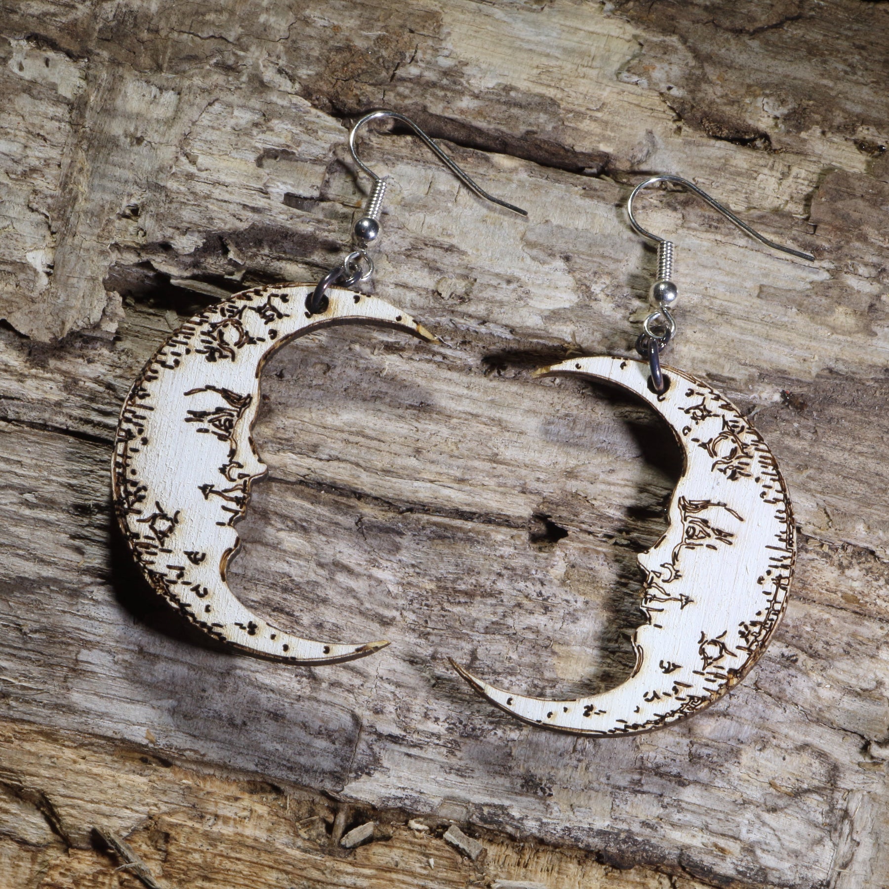 Crescent Moon Face Wooden Dangle Earrings | Celestial Jewelry by Cate's Concepts, LLC
