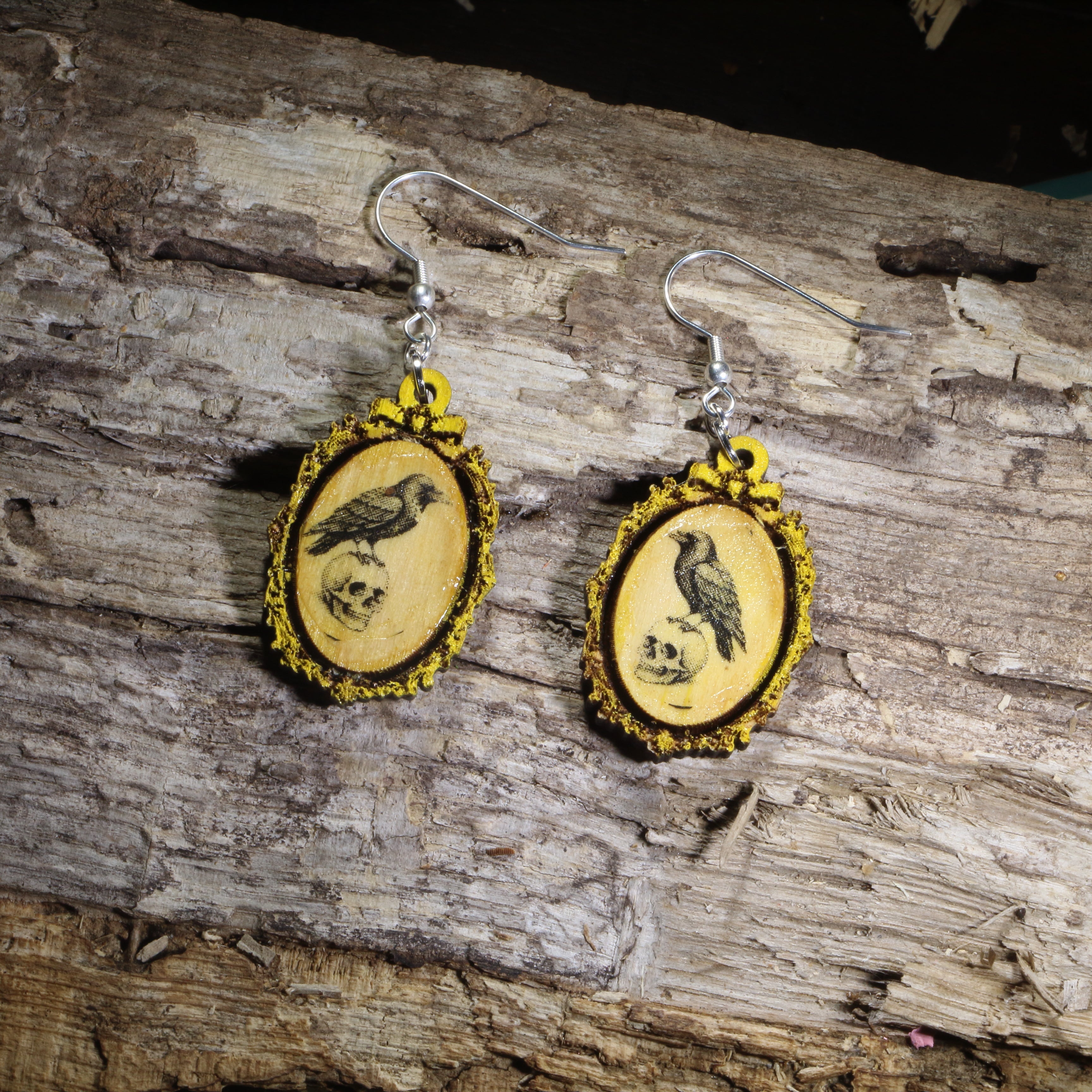 Gothic Raven Cameo Wooden Dangle Earrings | Dark Academia Jewelry
