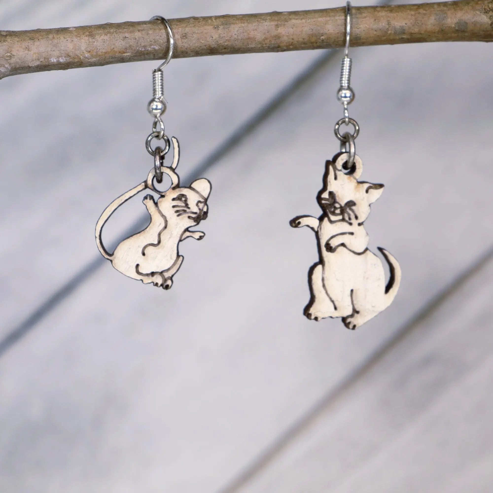Cat and Mouse Wooden Dangle Earrings | Mismatched Animal Jewelry