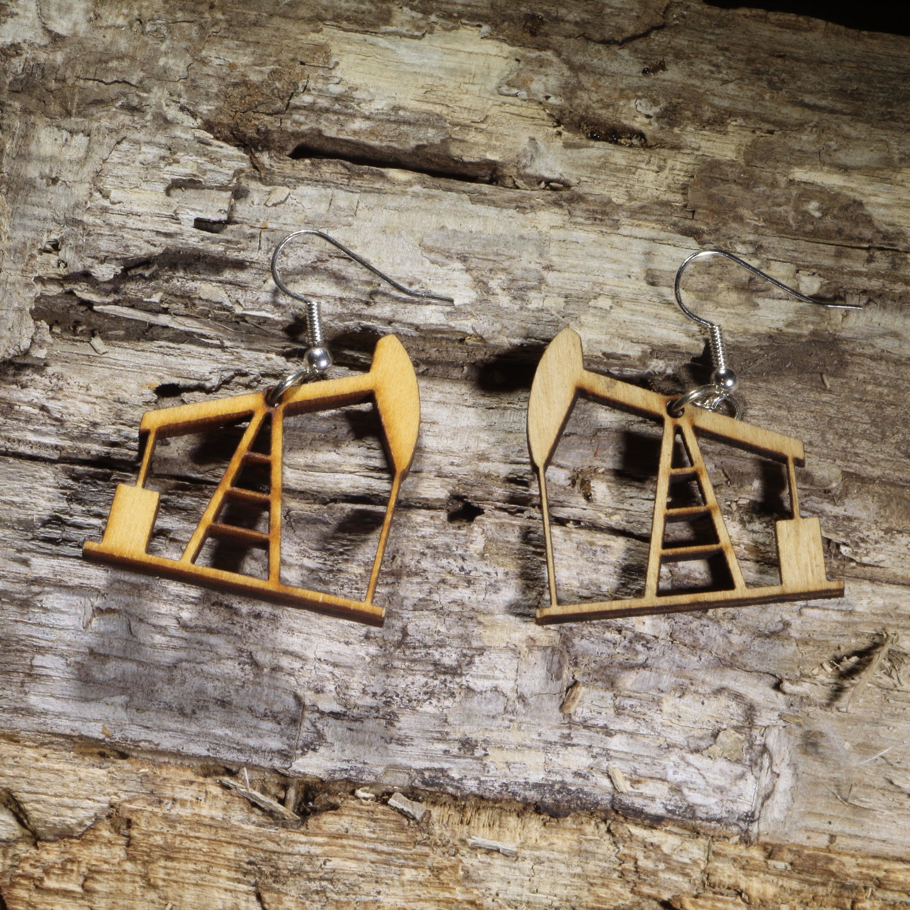 Oil Rig Pump Jack Wooden Dangle Earrings | Industrial Jewelry by Cate's Concepts, LLC