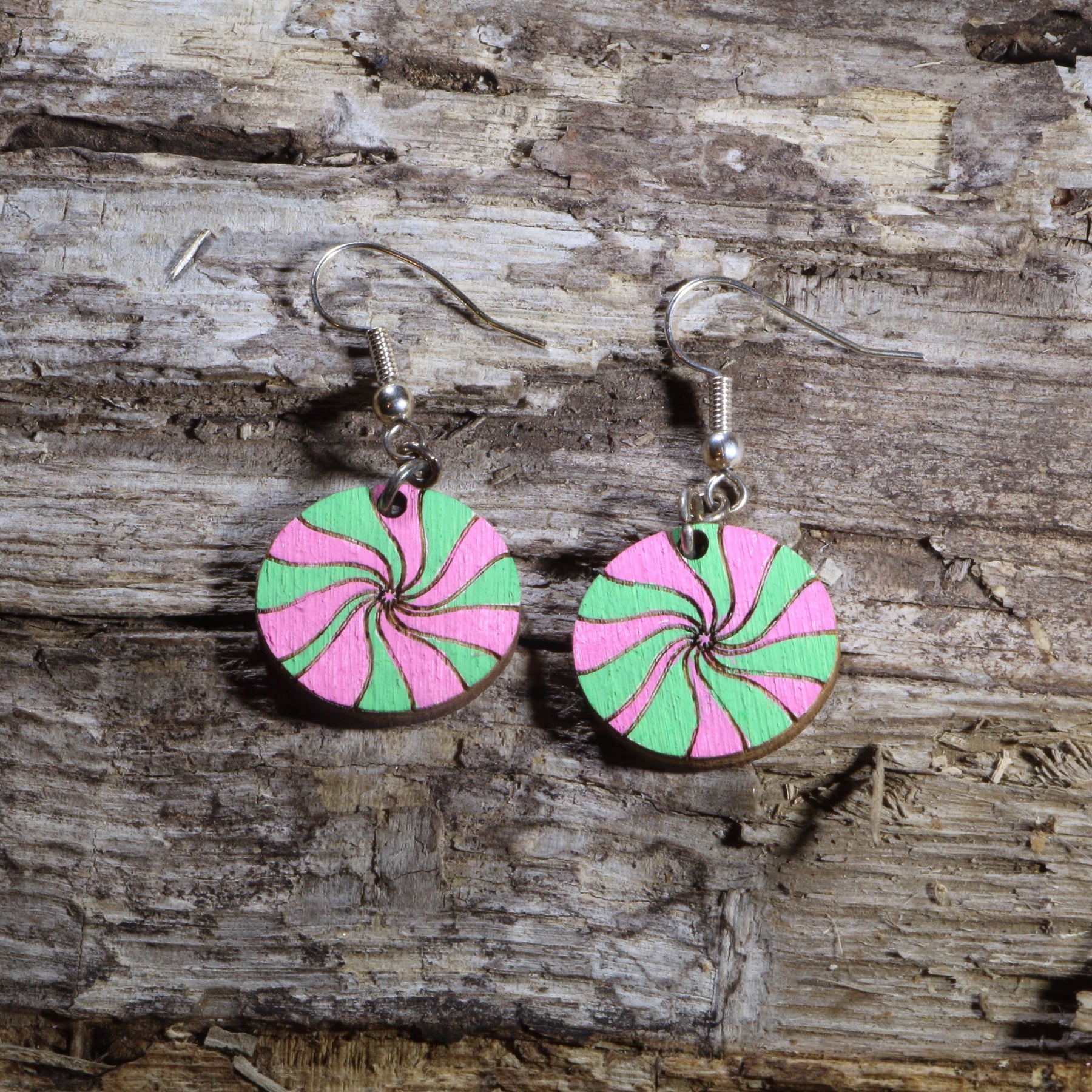 Pink & Green Peppermint Wooden Dangle Earrings | Christmas Candy Jewelry