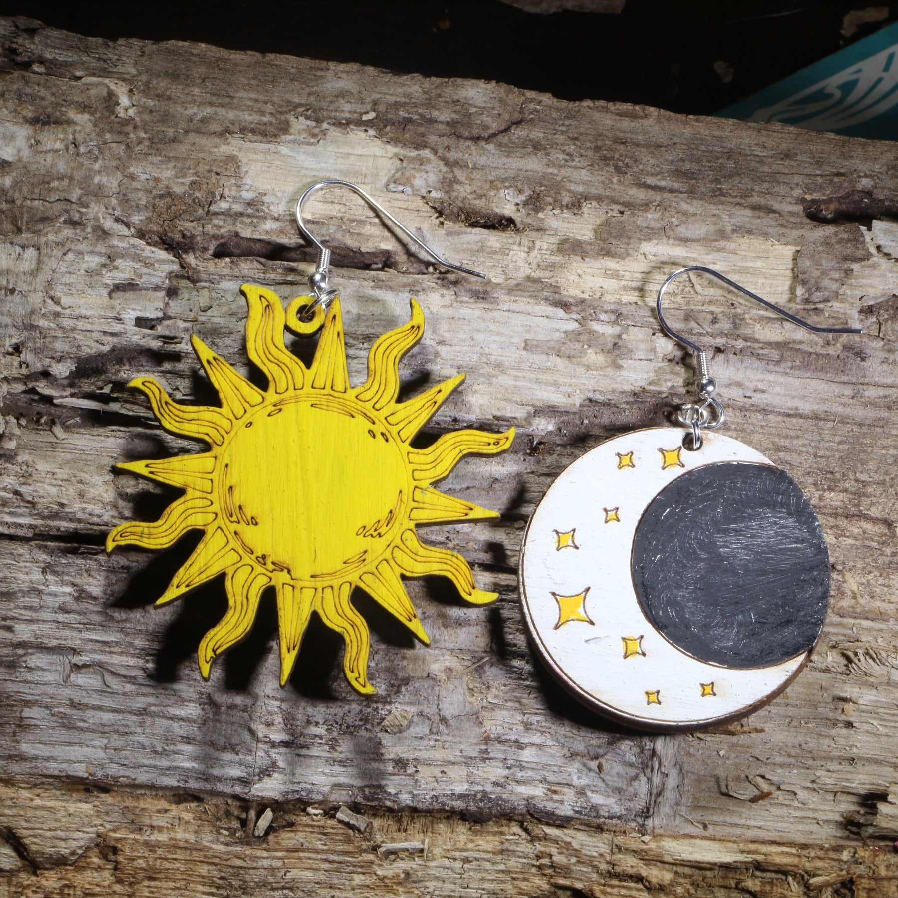 Sun and Moon Wooden Dangle Earrings | Celestial Jewelry by Cate's Concepts, LLC