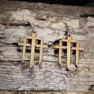 Triple Cross Wooden Dangle Earrings | Cross Symbol Jewelry