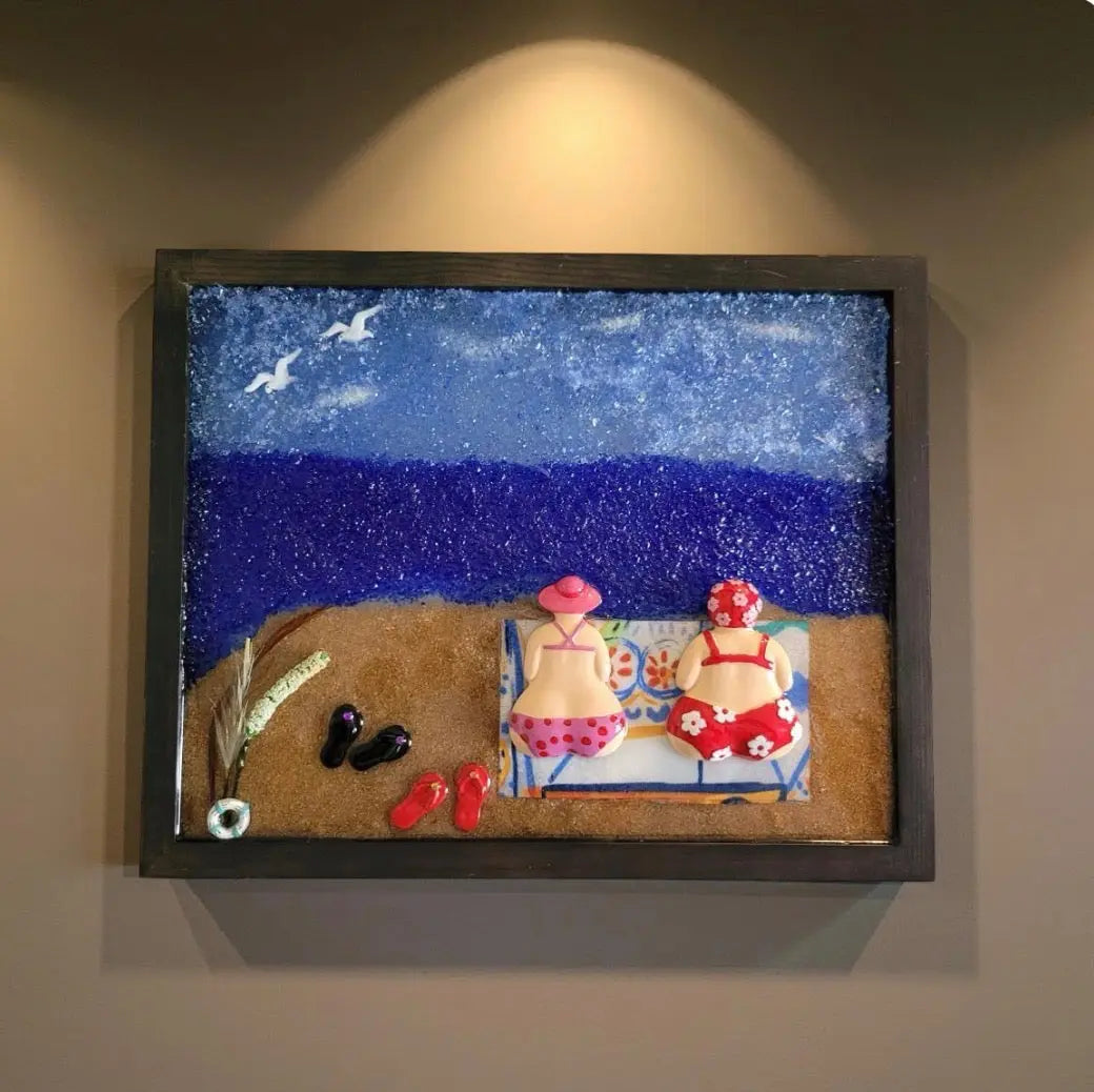 Handcrafted Glass Resin Beach Scene Wall Art- "Beach Day Bliss"    12" x 13" Two Beachin' Sisters