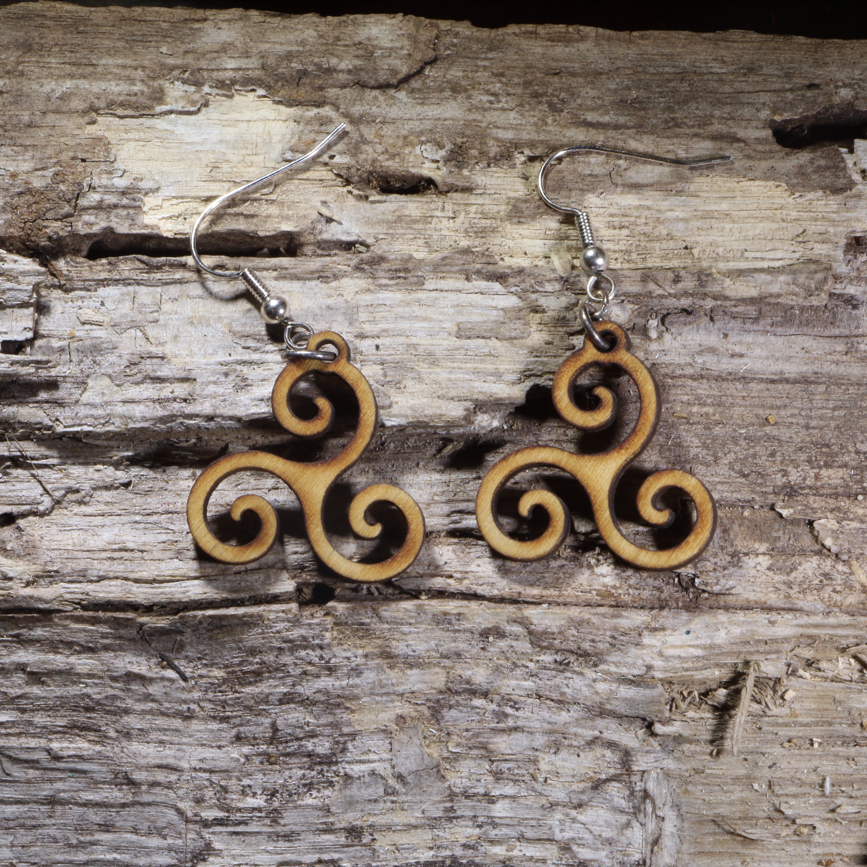 Celtic Triskele Wooden Dangle Earrings | Irish Symbol Jewelry by Cate's Concepts, LLC