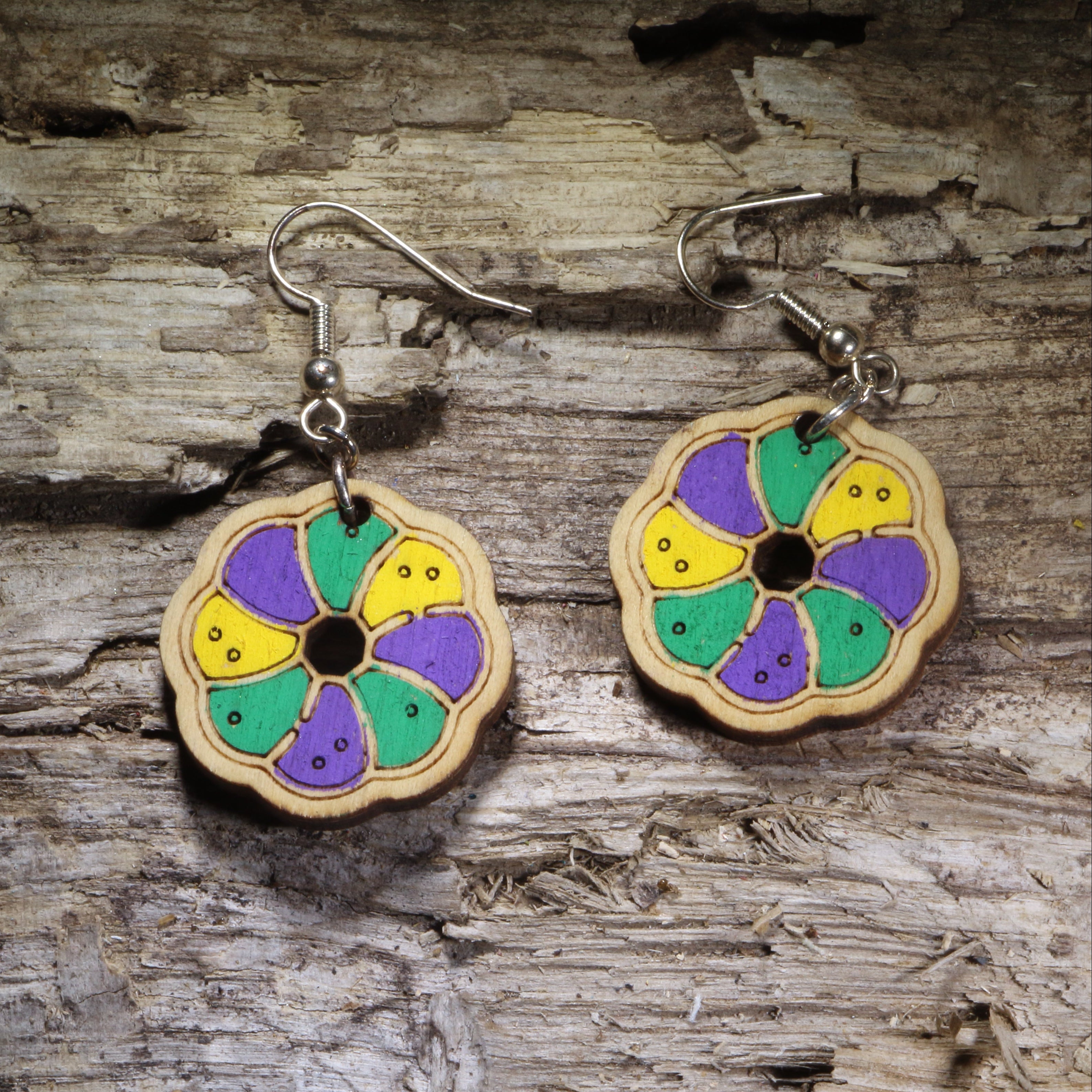 Mardi Gras King Cake Wooden Dangle Earrings | Louisiana Jewelry by Cate's Concepts, LLC