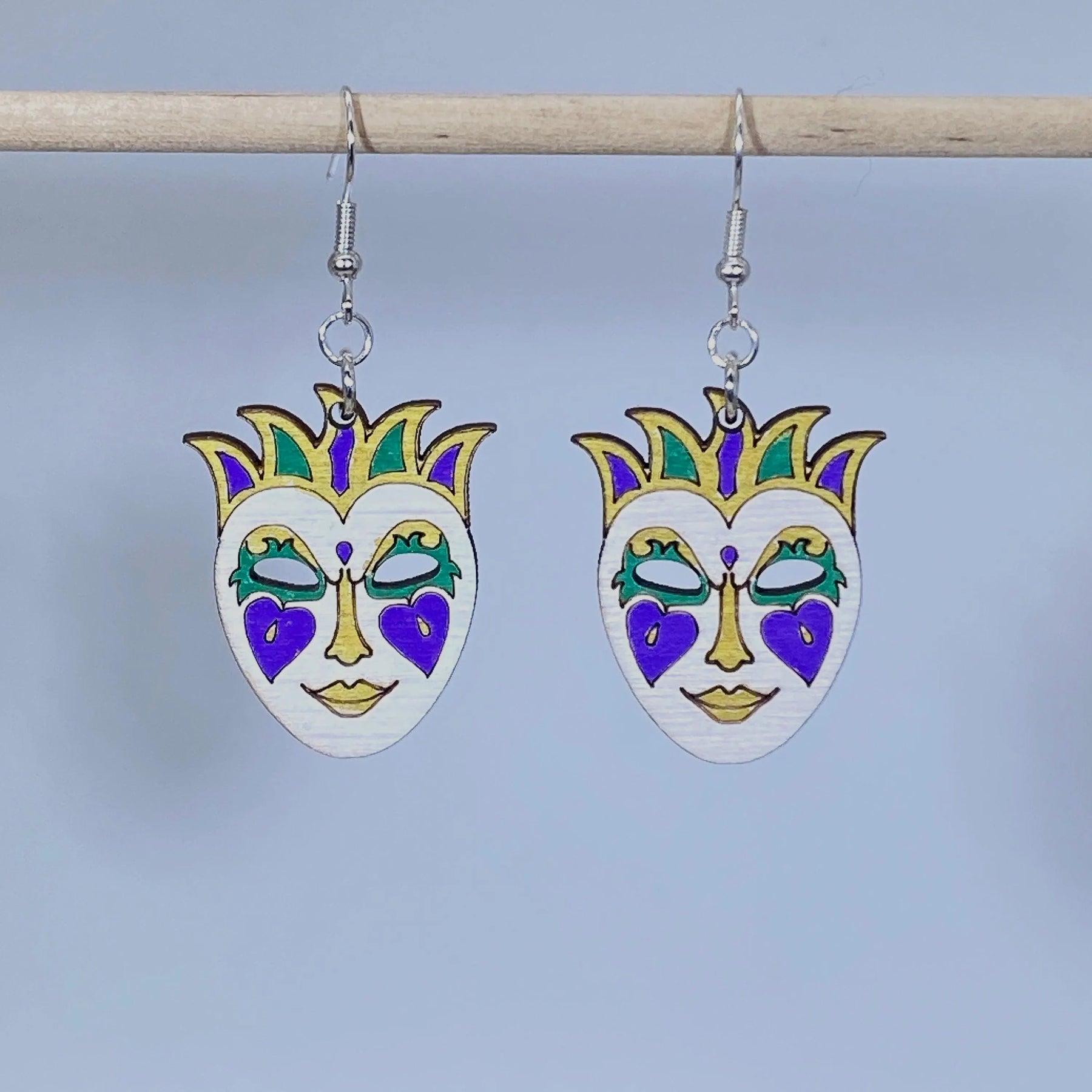 Mardi Gras Mask Wooden Earrings | New Orleans Carnival Jewelry detail view by Cate's Concepts, LLC