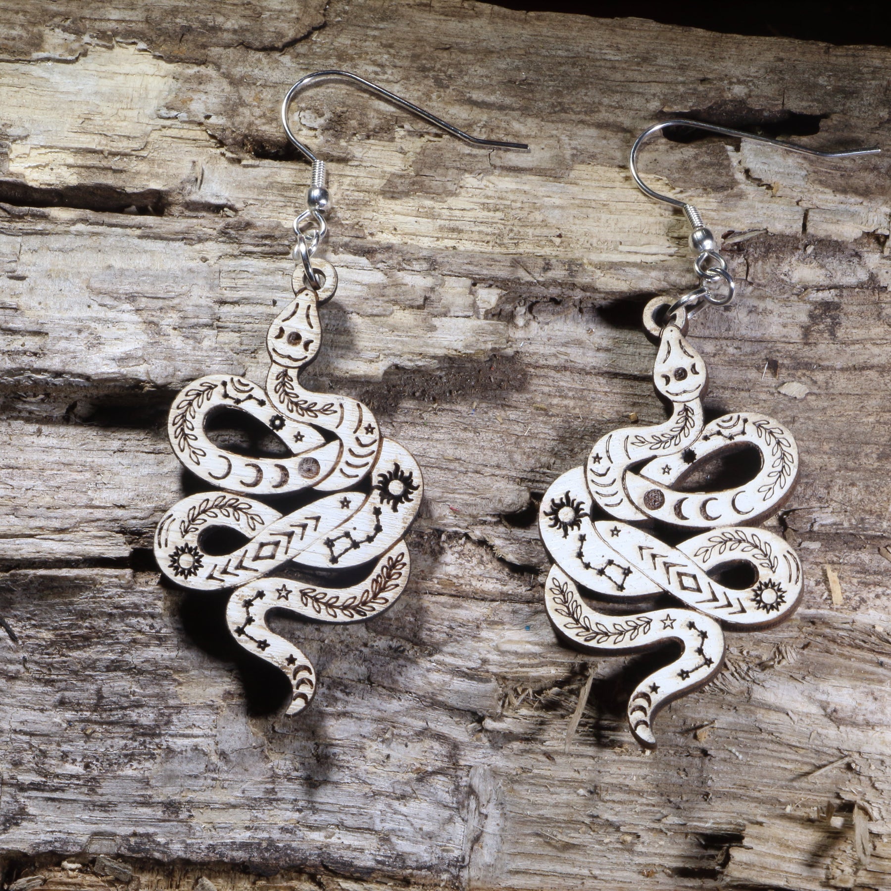 Celestial Snake Wooden Dangle Earrings | Mystical Boho Jewelry by Cate's Concepts, LLC