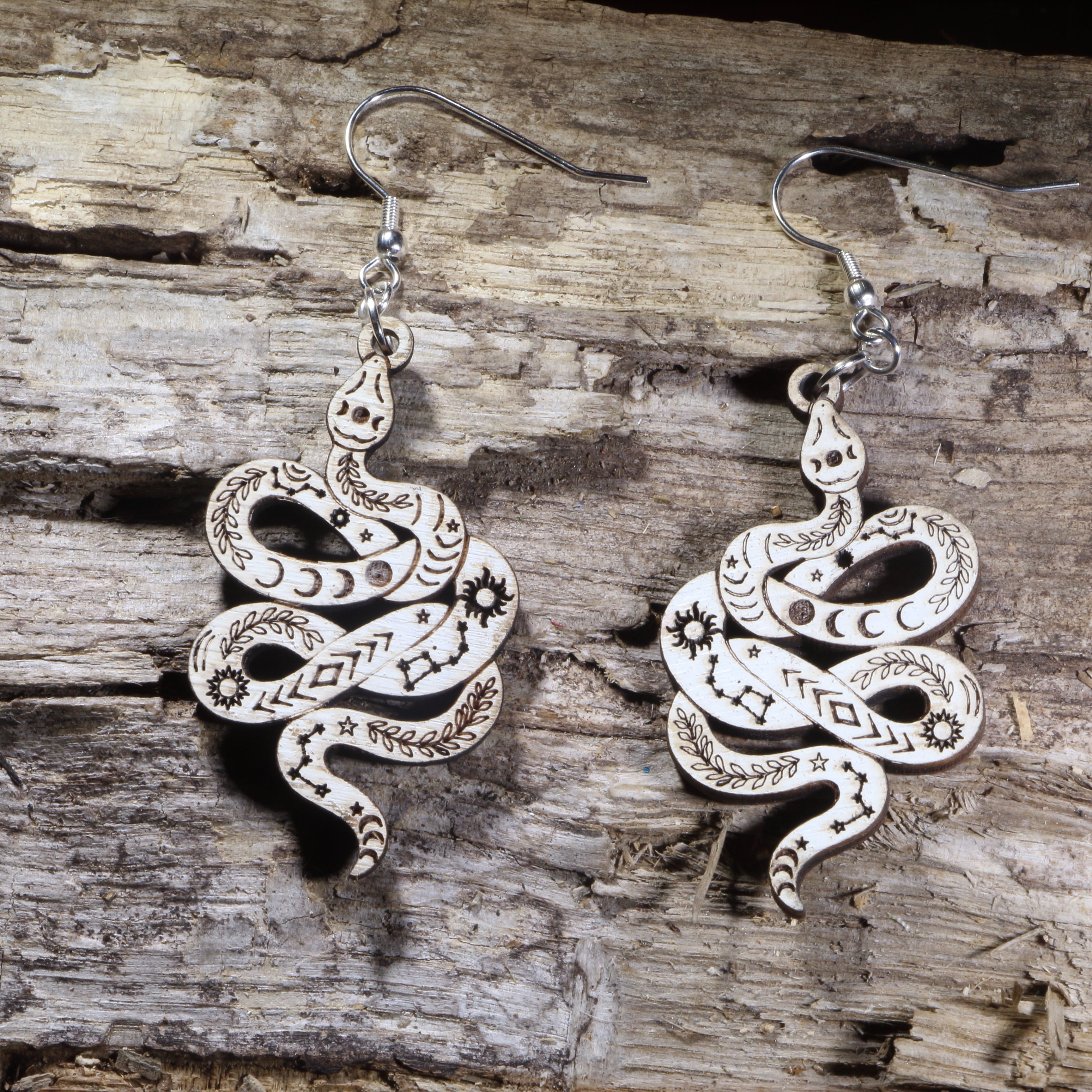Celestial Snake Wooden Dangle Earrings | Mystical Boho Jewelry by Cate's Concepts, LLC