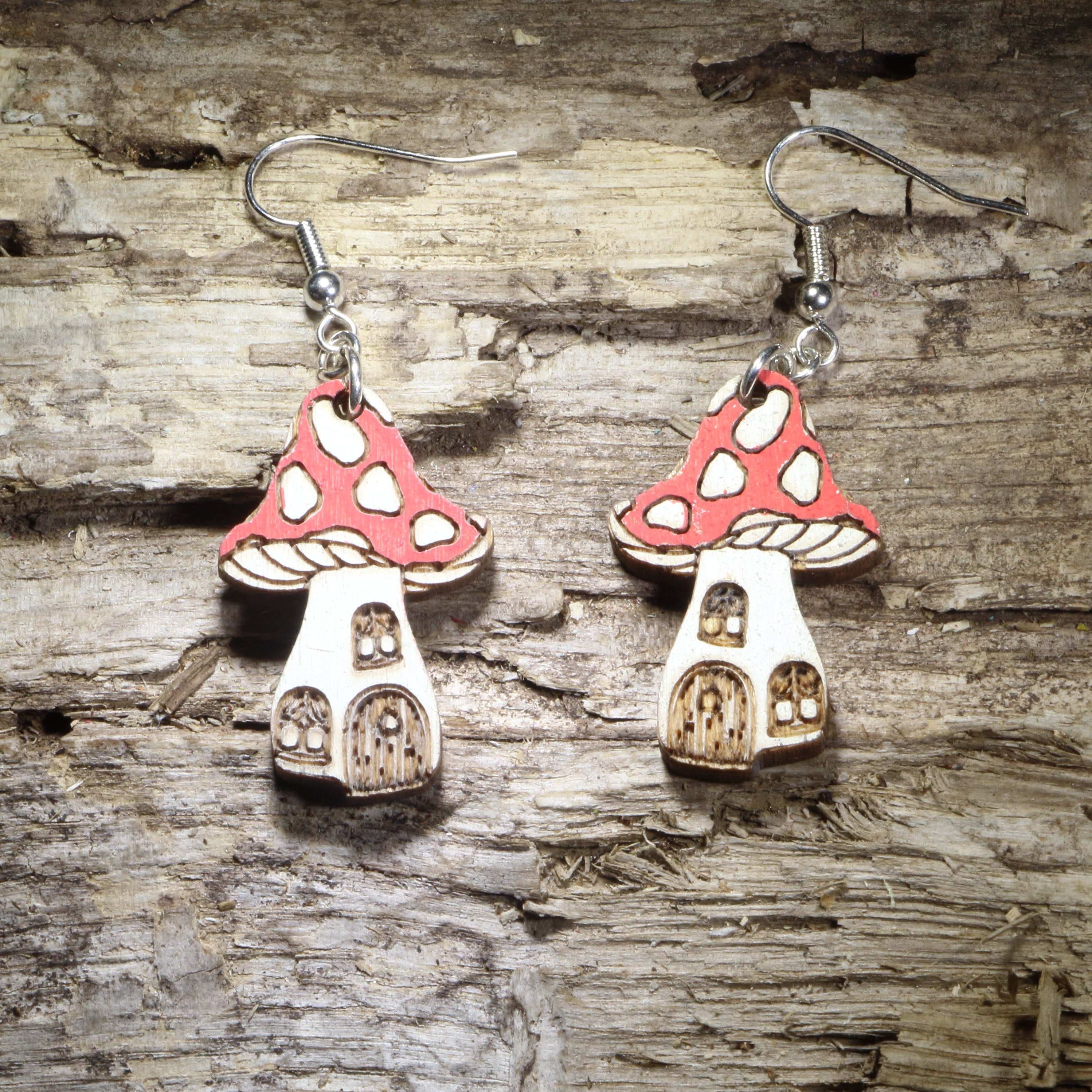 Enchanted Mushroom Wooden Dangle Earrings | Fantasy Jewelry by Cate's Concepts, LLC