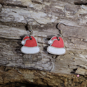 Santa Hat Wooden Dangle Earrings | Christmas Holiday Jewelry