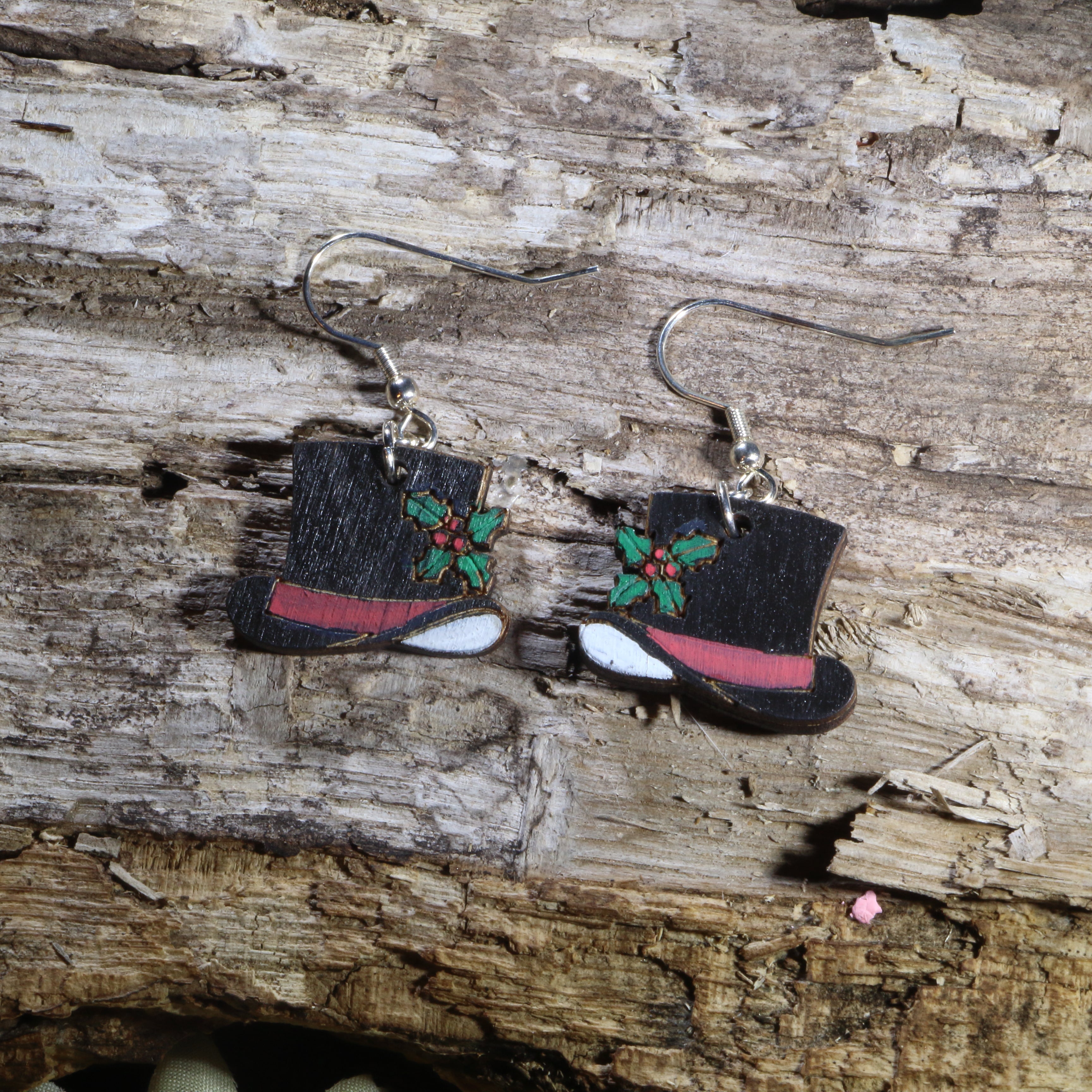 Snowman Top Hat Wooden Dangle Earrings | Christmas Jewelry