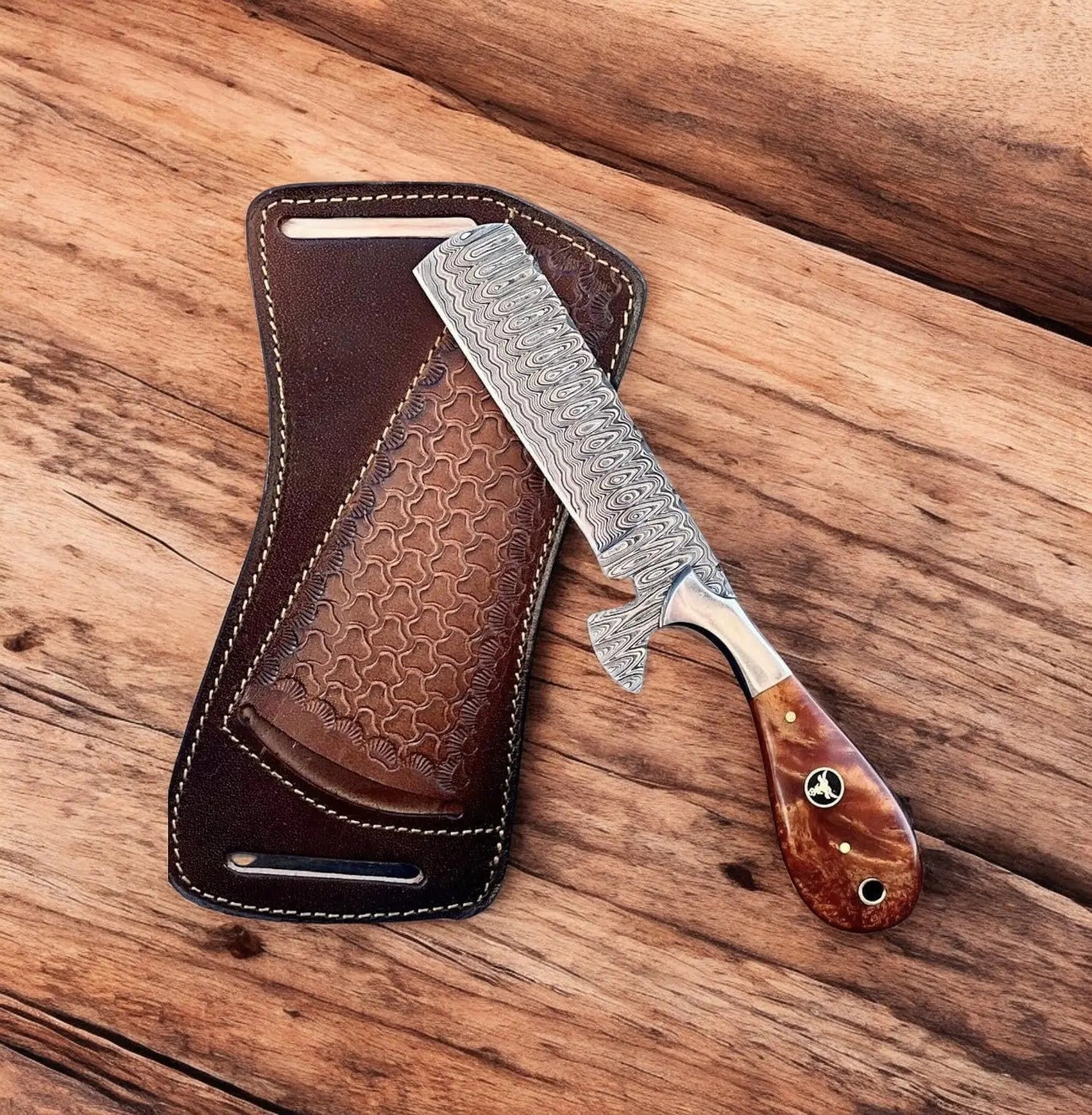 Handmade Bull Cutter Knife – Damascus Steel, Burn Bone Handle by Damascus Knife Store, Damascus knife main product photo