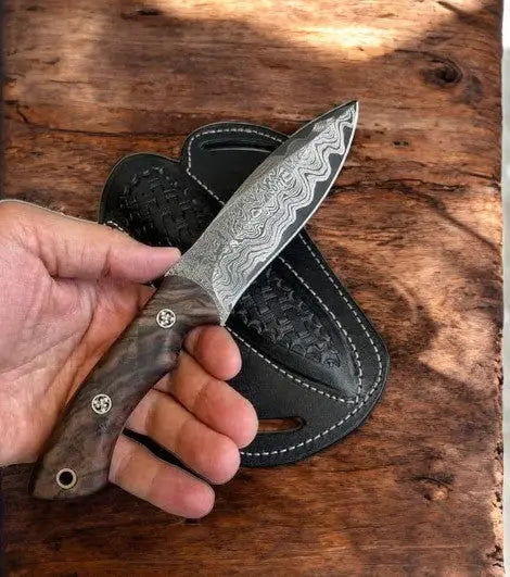 Handmade Cowboy Knife and Sheath Set – Walnut Handle by Damascus Knife Store, leather knife sheath main product photo