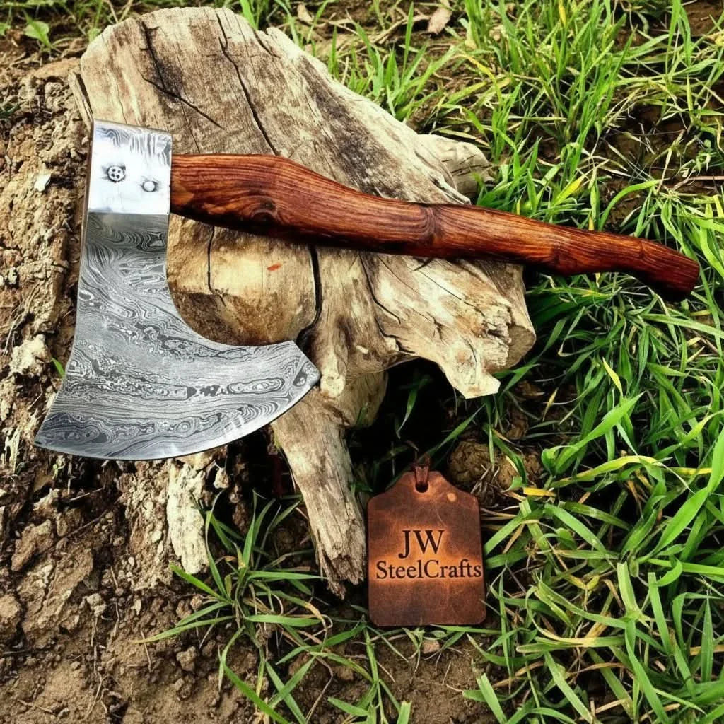 Matching Pair of Hand-Forged Damascus Bearded Axes with Curved Rosewood Handles by JW SteelCrafts, Southern handmade gift main product photo