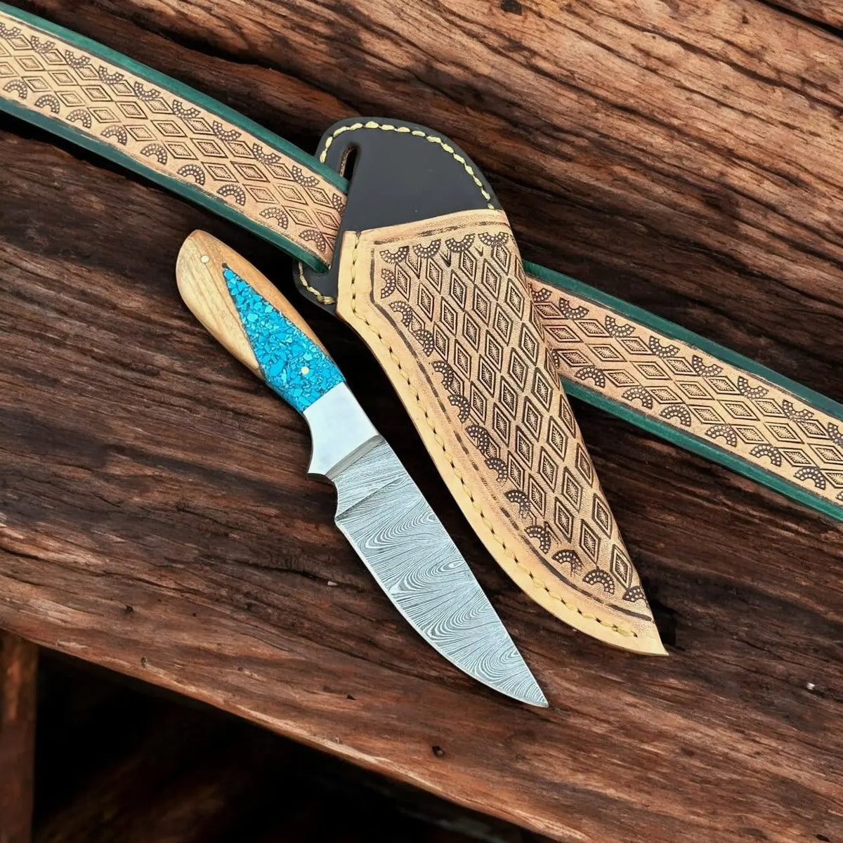 Handmade Damascus Belt Knife – Turquoise Epoxy Resin Handle - Main ...