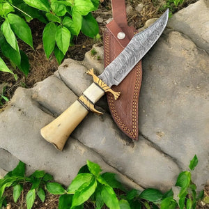 Handmade Damascus Bowie Knife – 10" Bone Handle Blade by Damascus Knife Store, Damascus knife detail photo 2