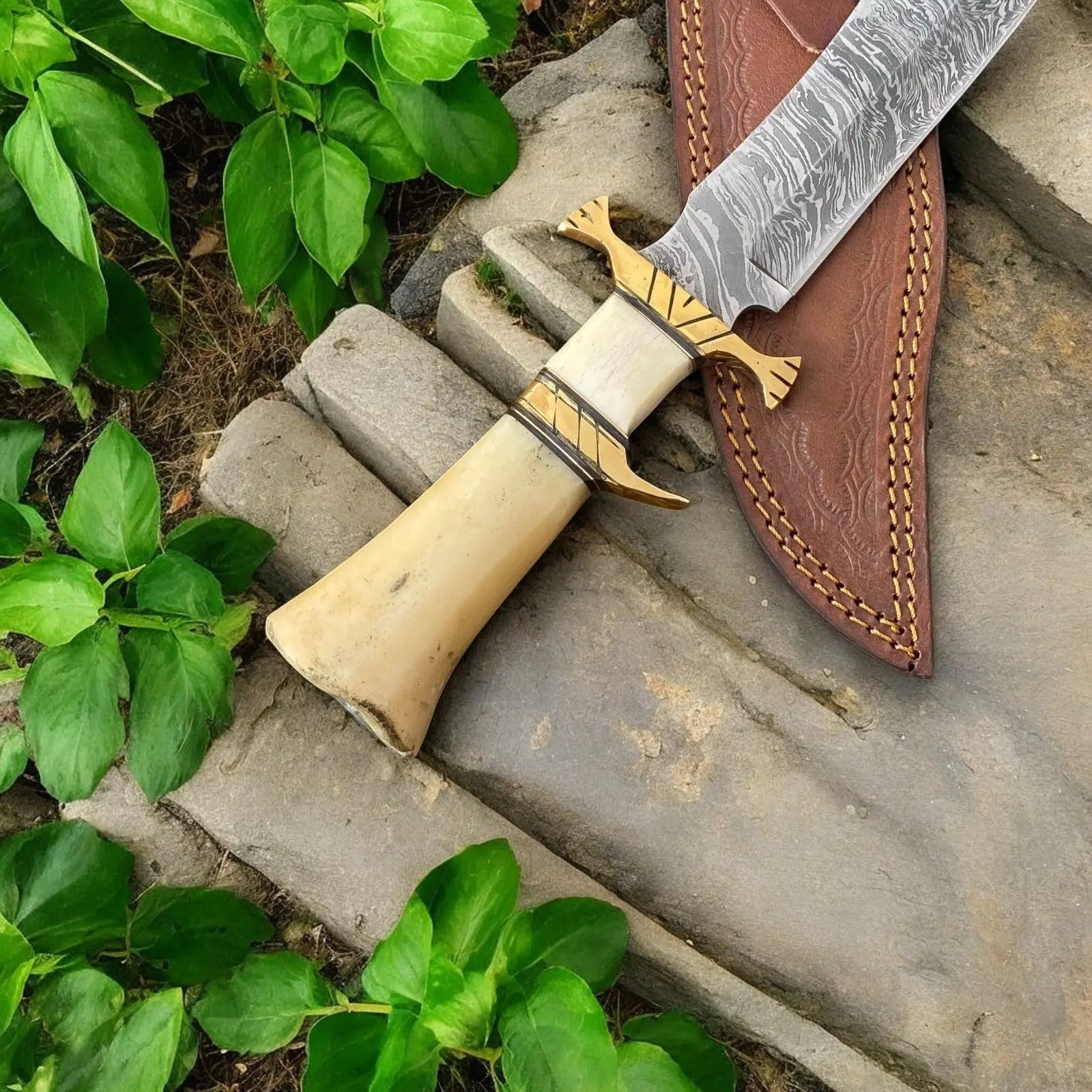 Handmade Damascus Bowie Knife – 10" Bone Handle Blade by Damascus Knife Store, Damascus knife detail photo 3