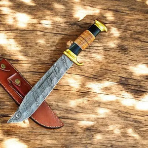 Handmade Damascus Bowie Knife – 14" with Buffalo Horn Handle by Damascus Knife Store, Damascus knife detail photo 2