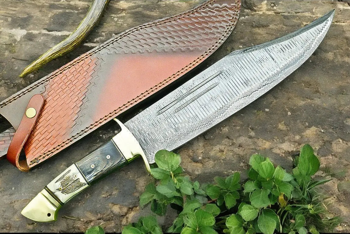 Handmade Damascus Bowie Knife | 16" Antler Horn Handle by Damascus Knife Store, Damascus knife detail photo 3