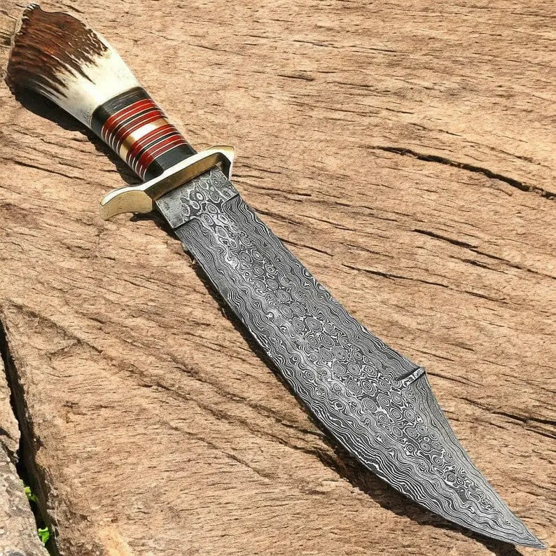 Handmade Damascus Bowie Knife – 16" with Stag Bone Handle Damascus Knife Store