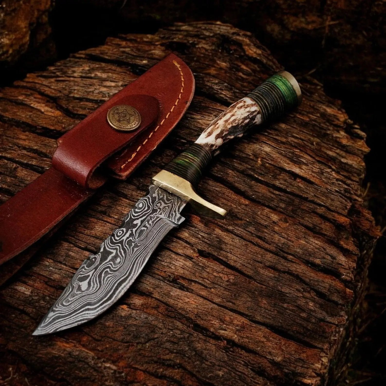 Handmade Damascus Bowie Knife – Antler Horn Handle by Damascus Knife Store, Damascus knife main product photo