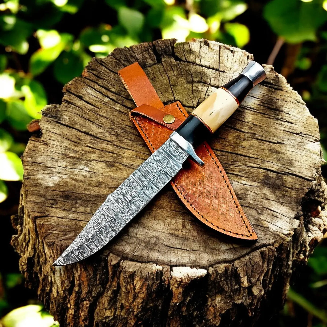 Handmade Damascus Bowie Knife – Bone & Buffalo Horn Handle Damascus Knife Store
