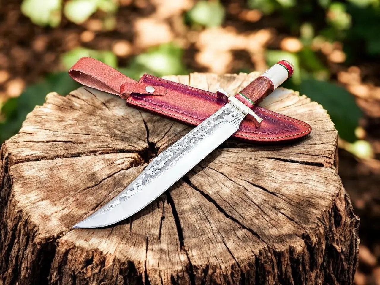 Handmade Damascus Bowie Knife – Bone & Rosewood Handle Damascus Knife Store