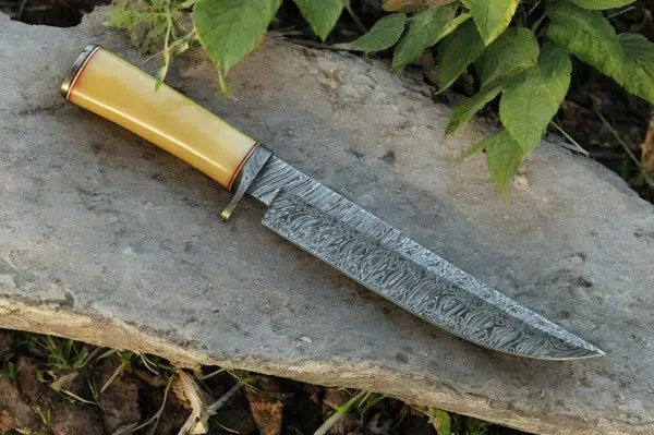 Handmade Damascus Bowie Knife with Bone Handle – 15" by Damascus Knife Store, Damascus knife detail photo 2