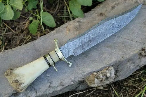 Handmade Damascus Bowie Knife with Bone Handle – 15” by Damascus Knife Store, Damascus knife main product photo