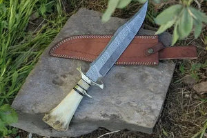 Handmade Damascus Bowie Knife with Bone Handle – 15” by Damascus Knife Store, Damascus knife detail photo 2