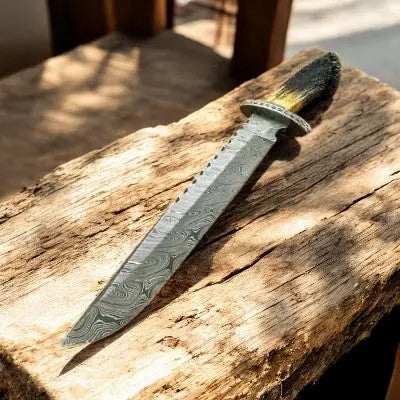 Handmade Damascus Bowie Knife with Bone Handle – 17.5" Damascus Knife Store