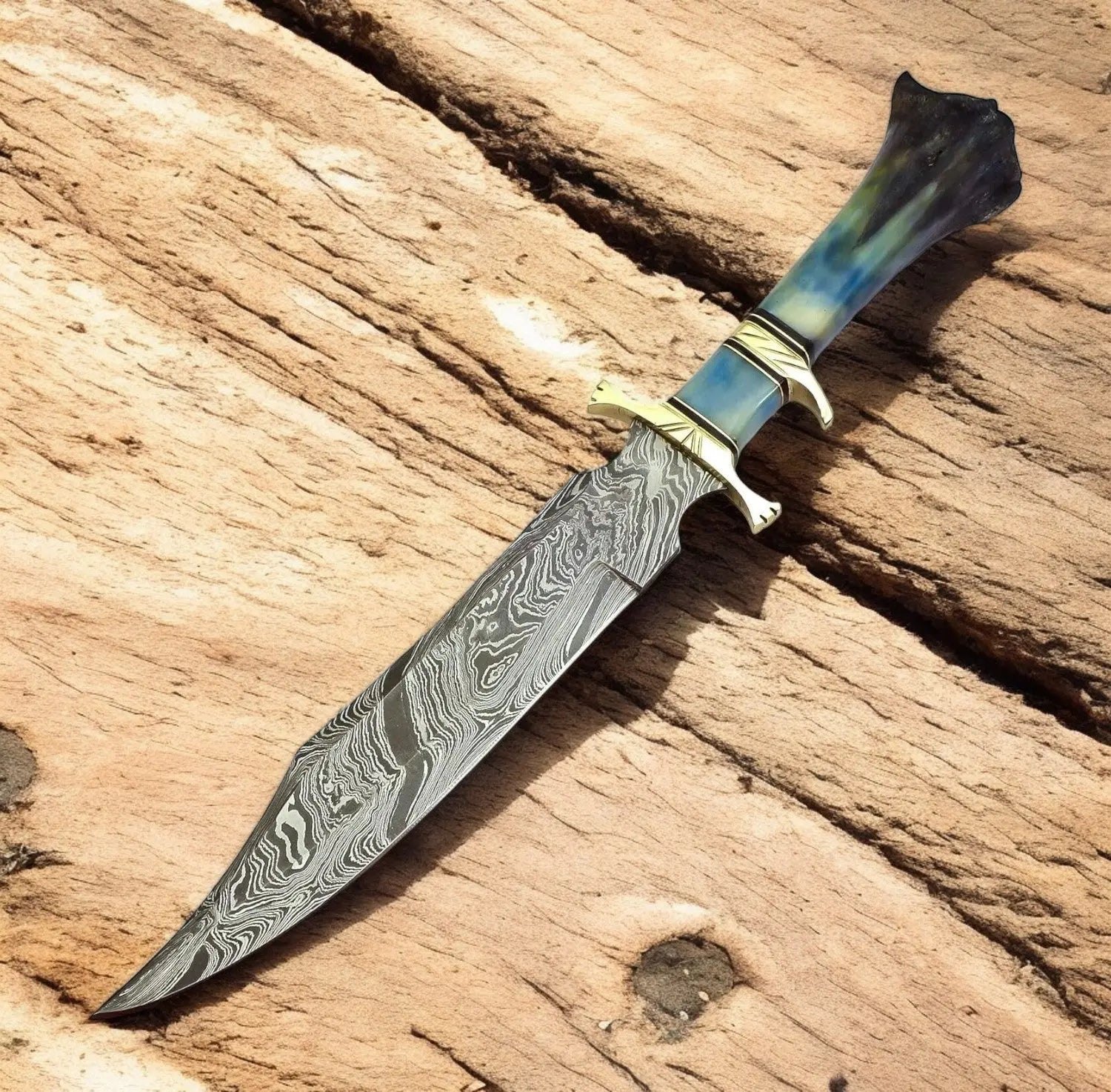 Handmade Damascus Bowie Knife with Colored Bone Handle Damascus Knife Store